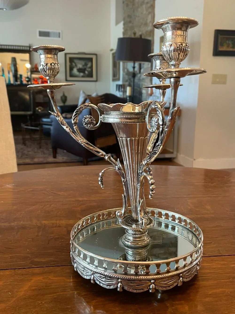 Vintage Shabby Shic Godinger Silver Plated Epergne 3 Branch Candleabra Mirror Tr